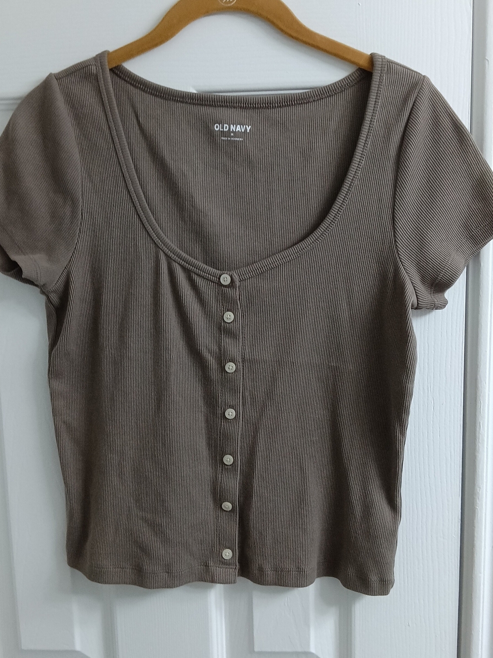 Old Navy Brown Ribbed Short Sleeve Button-Front Top
